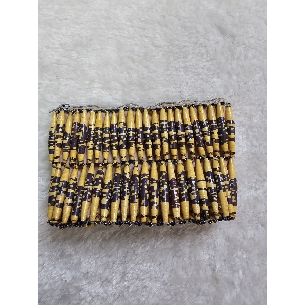 Handcrafted Zippered Pouch Bag Coin Purse‎ Yellow Black Tubular Beads
